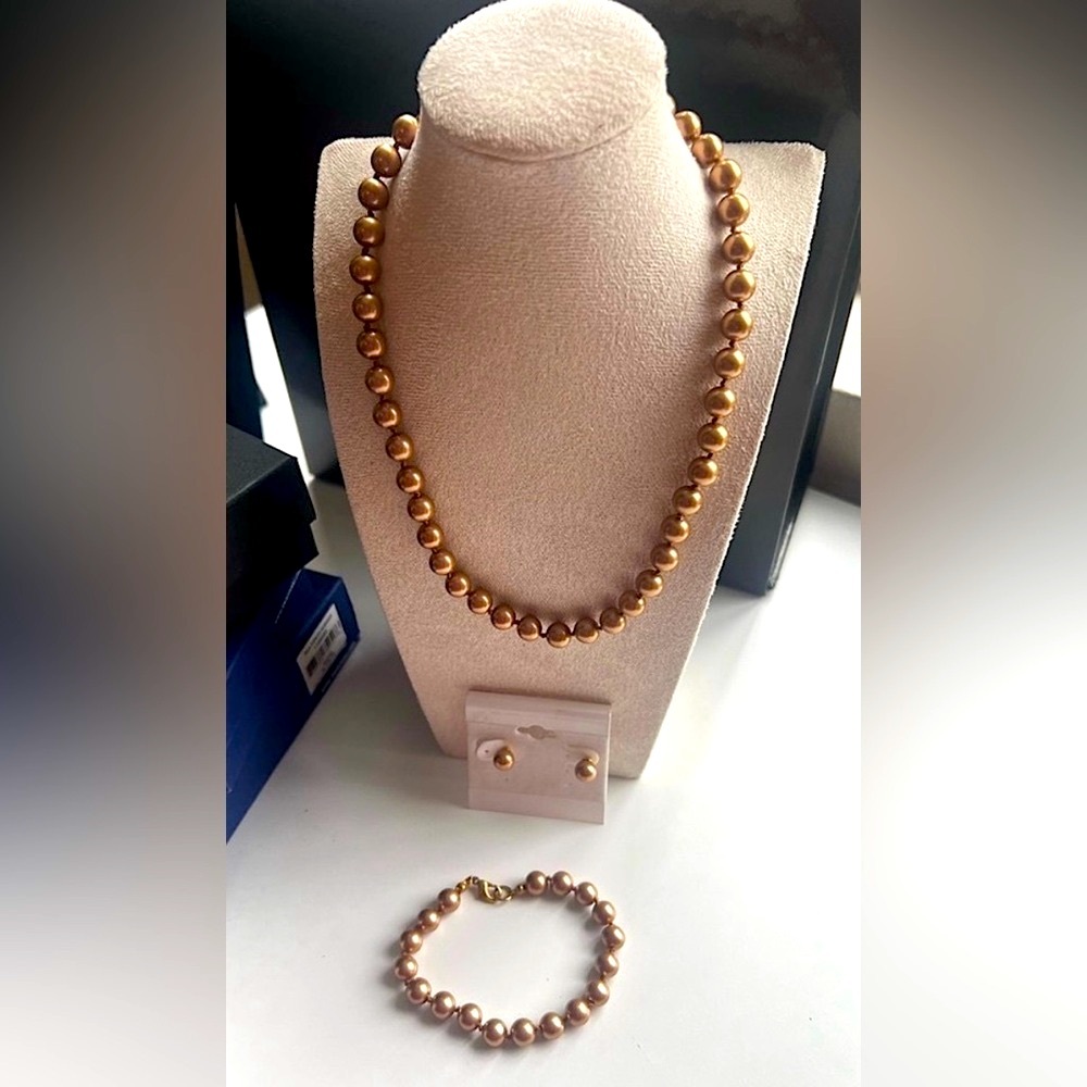 NEW Honora Bronze Pearl Necklace, Bracelet & Earrings Set
